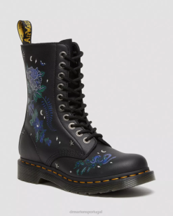 1490 Botas Místicas De Couro Floral De Cano Médio Dr. Martens Feminino 686r364 Calçado Preto Floral Mash Up K Hydro