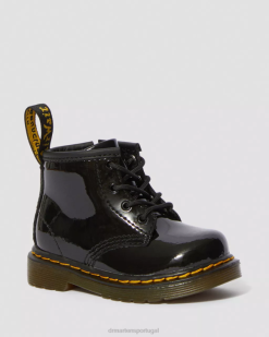 Botas Infantis De Couro Envernizado 1460 Com Cordões Dr. Calçado Martens Kids 686r395 Preto Lucido & Patente Lamper