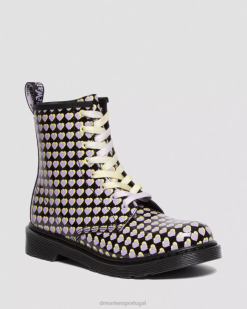 Juventude 1460 Patente Coração Estampado Botas Com Cadarço Dr. Calçado Martens Kids 686r470 Preto Lucido & Patente Lamper