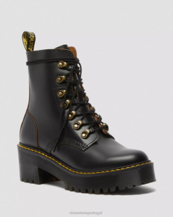 Leona Botas Vintage De Couro Liso Com Salto Alto Dr. Martens Feminino 686r205 Calçado Preto Vintage Liso